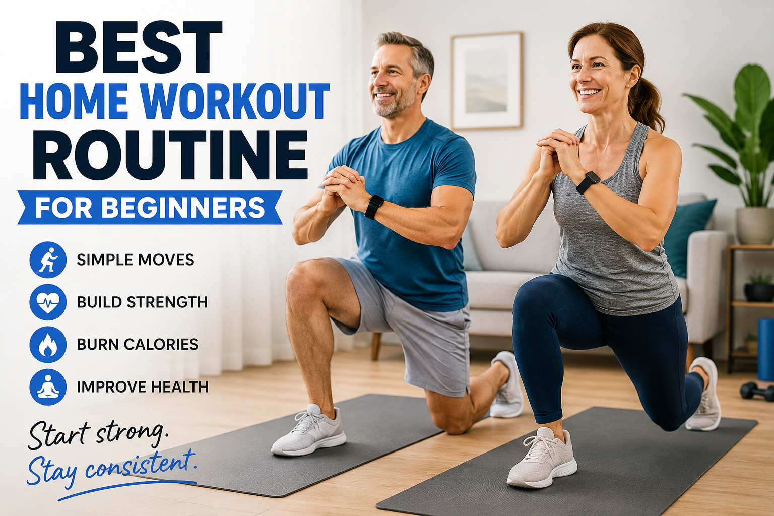 Man and woman exercising on yoga mats with text about a best home workout routine.