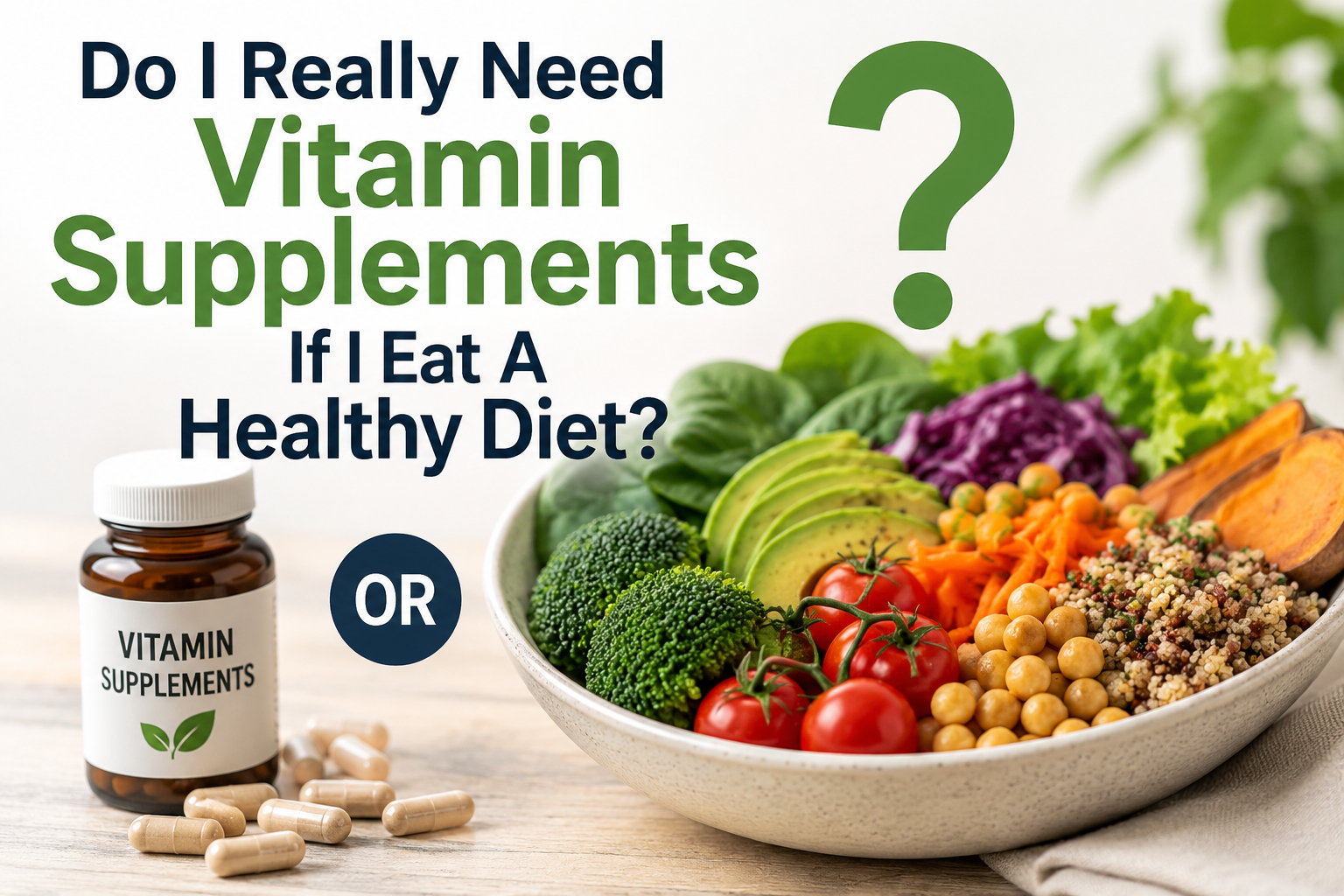 Vitamin supplement bottle with pills, bowl of vegetables, and text questioning vitamin supplement need.