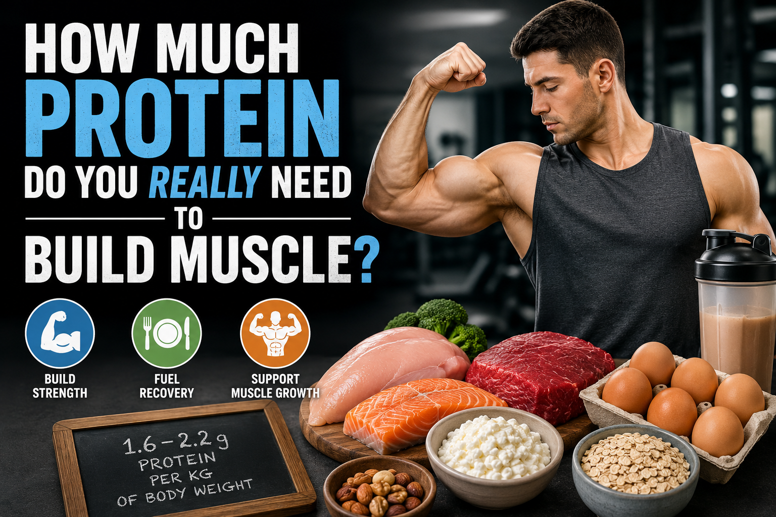 Man flexing muscles with protein sources and text about protein needs for muscle building.