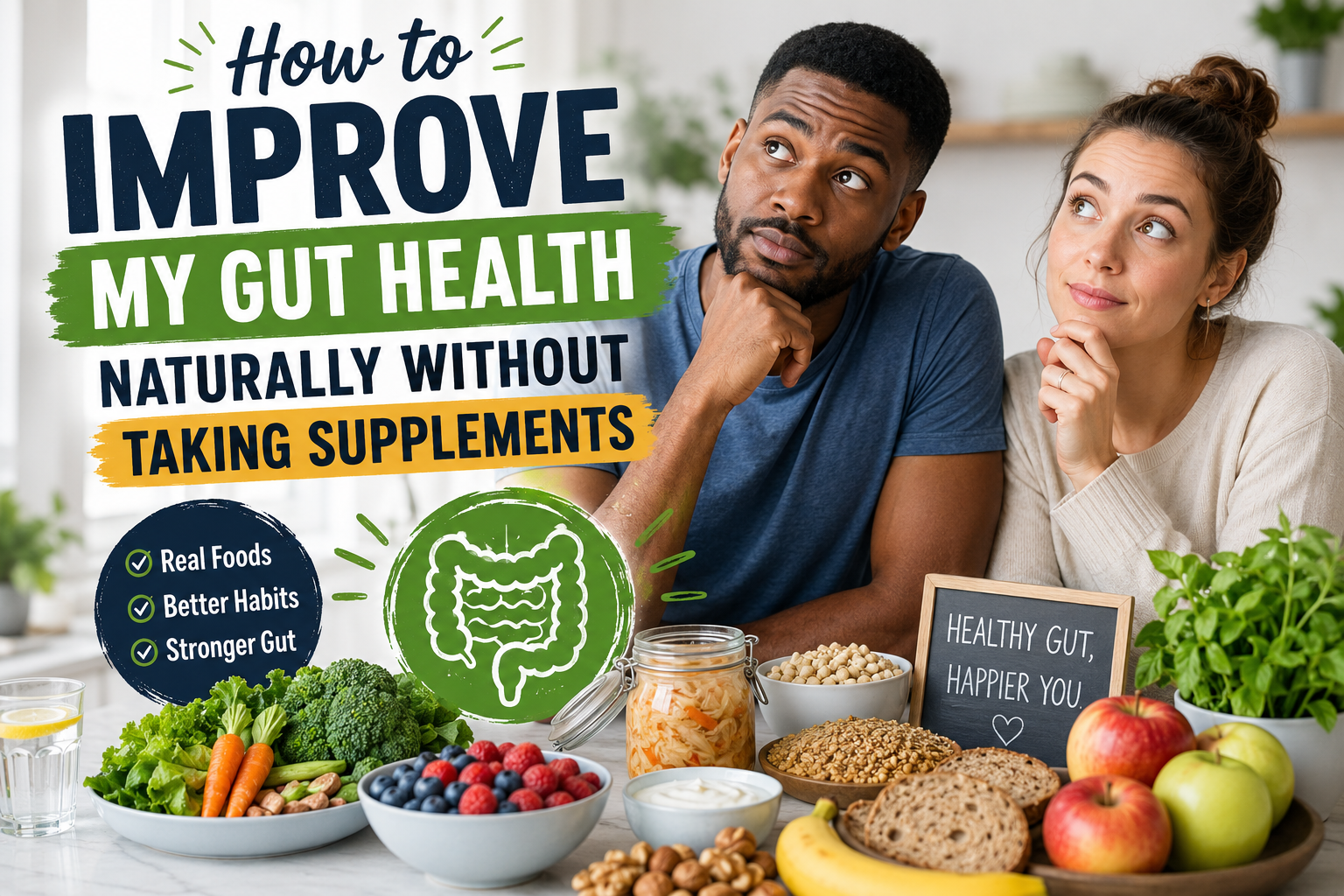 Two people sitting at a table with health foods and a sign about improving gut health naturally.