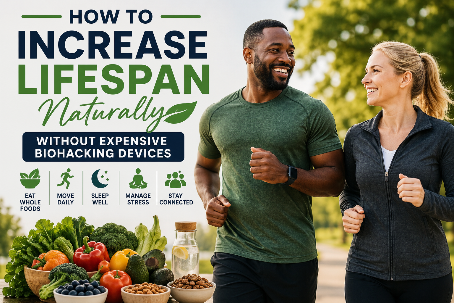 Two people running outdoors with lifestyle tips for increasing lifespan displayed.