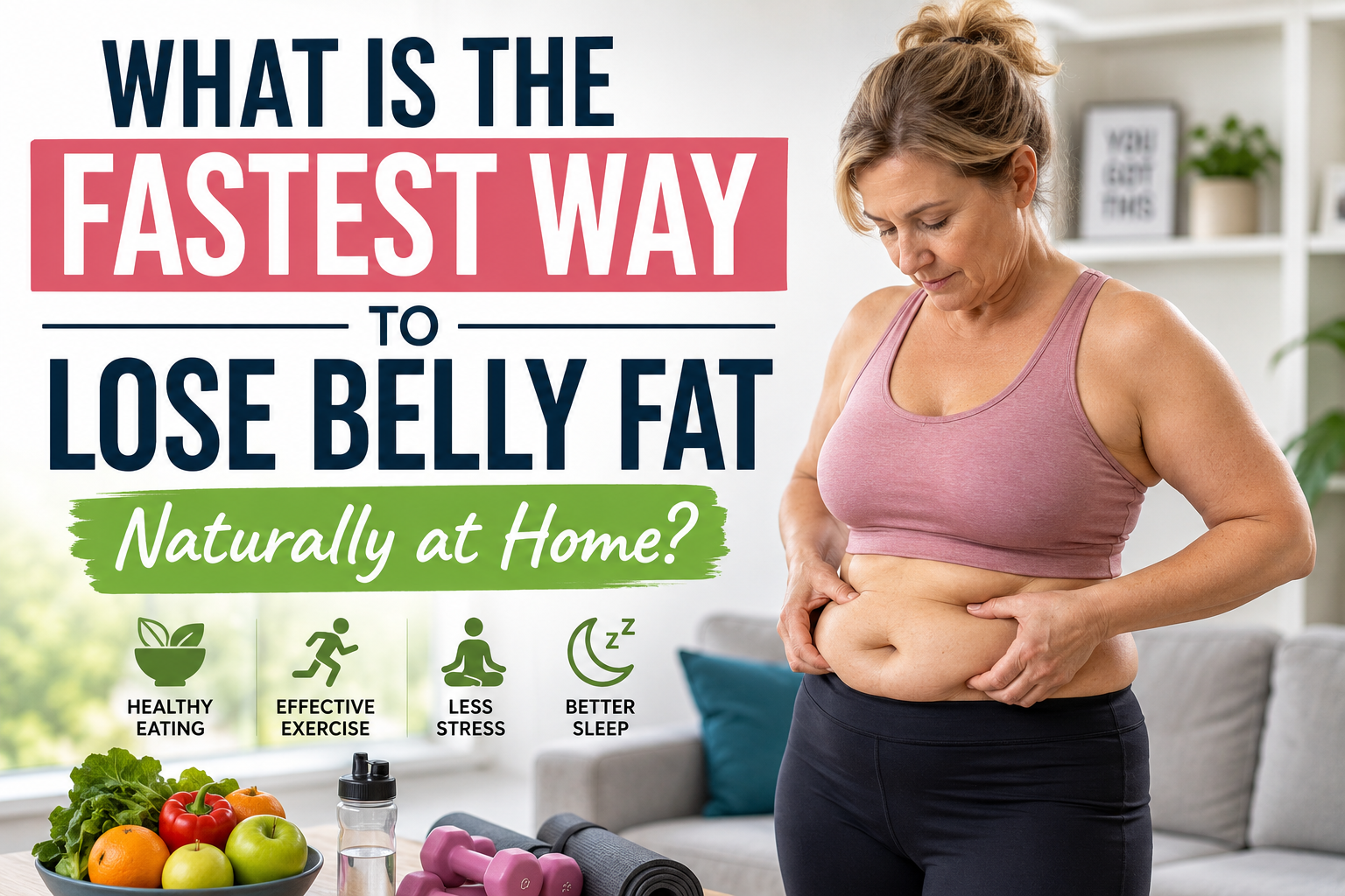 Woman examining her belly with text about losing belly fat naturally at home.