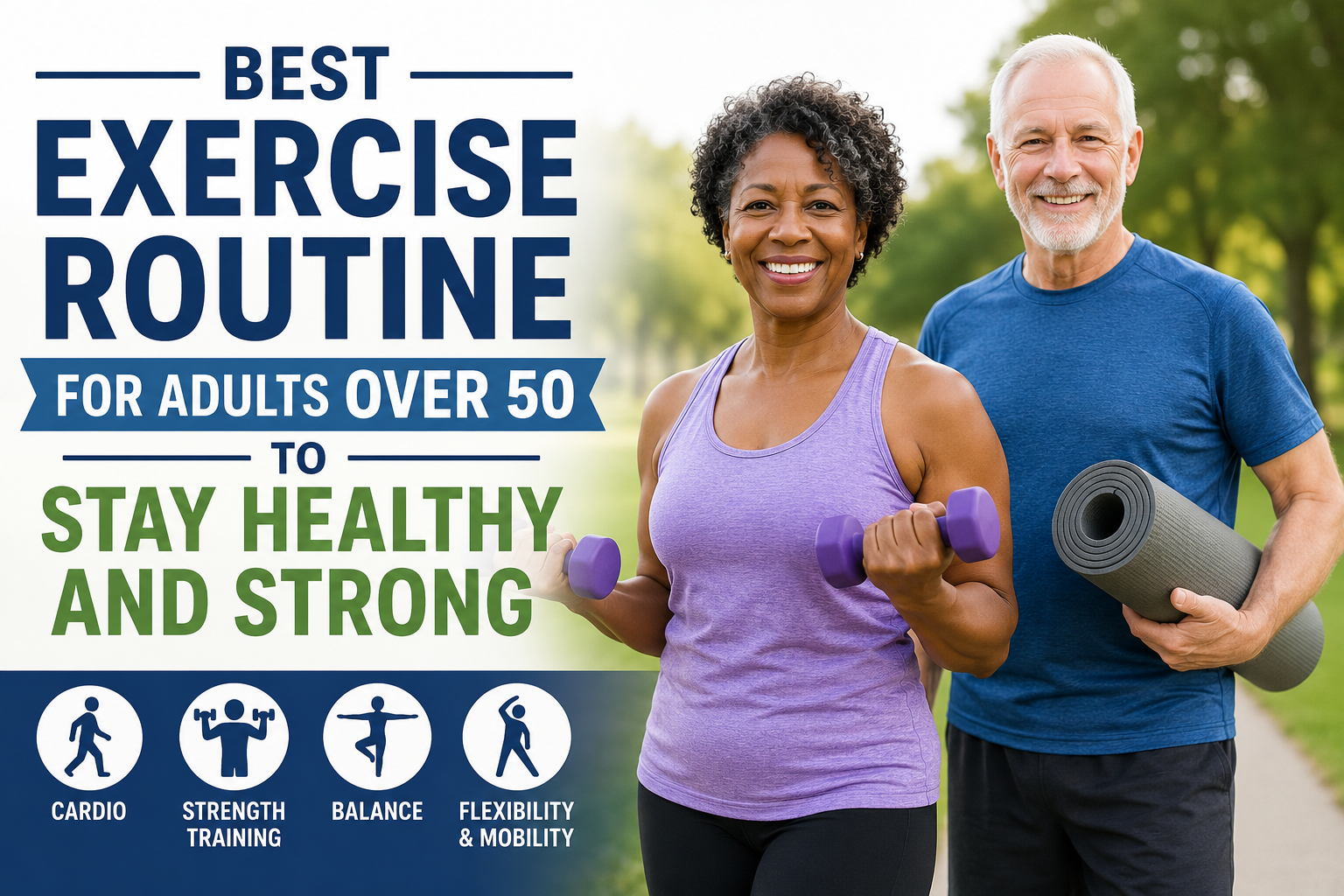 Two adults, a man and a woman, exercising outdoors with text about exercise routines for adults over 50.