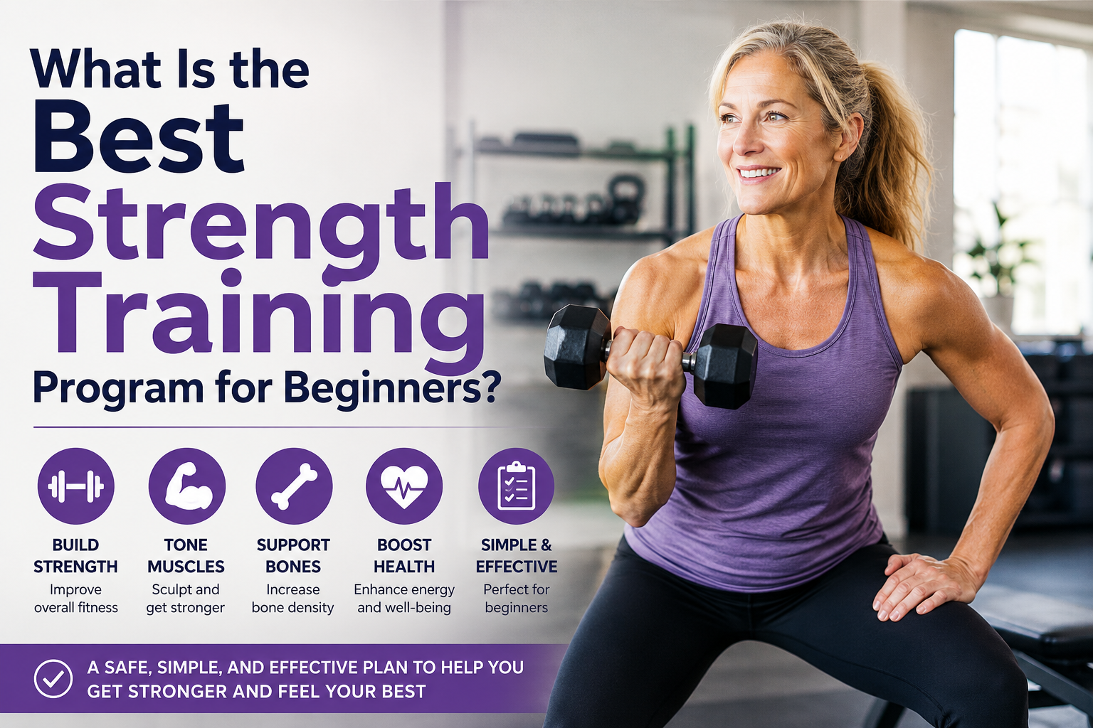 Woman exercising with dumbbells in a gym setting, promoting a strength training program for beginners.