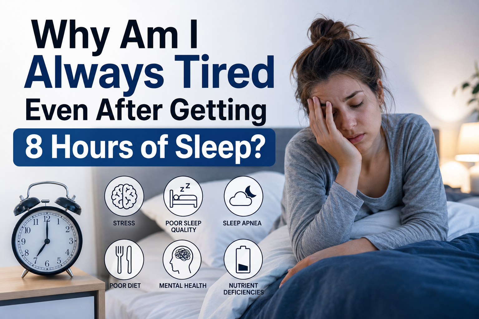 Woman in bed looking tired with sleep-related icons and text about sleep deprivation.