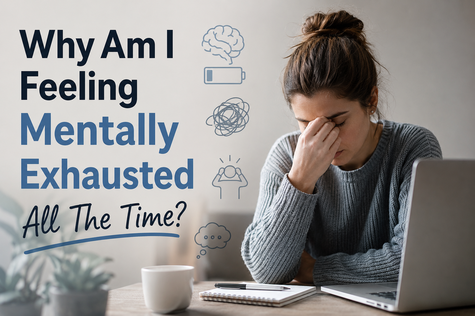 Woman sitting at a desk with laptop and notebook, text 'Why Am I Feeling Mentally Exhausted All The Time?' on the left.