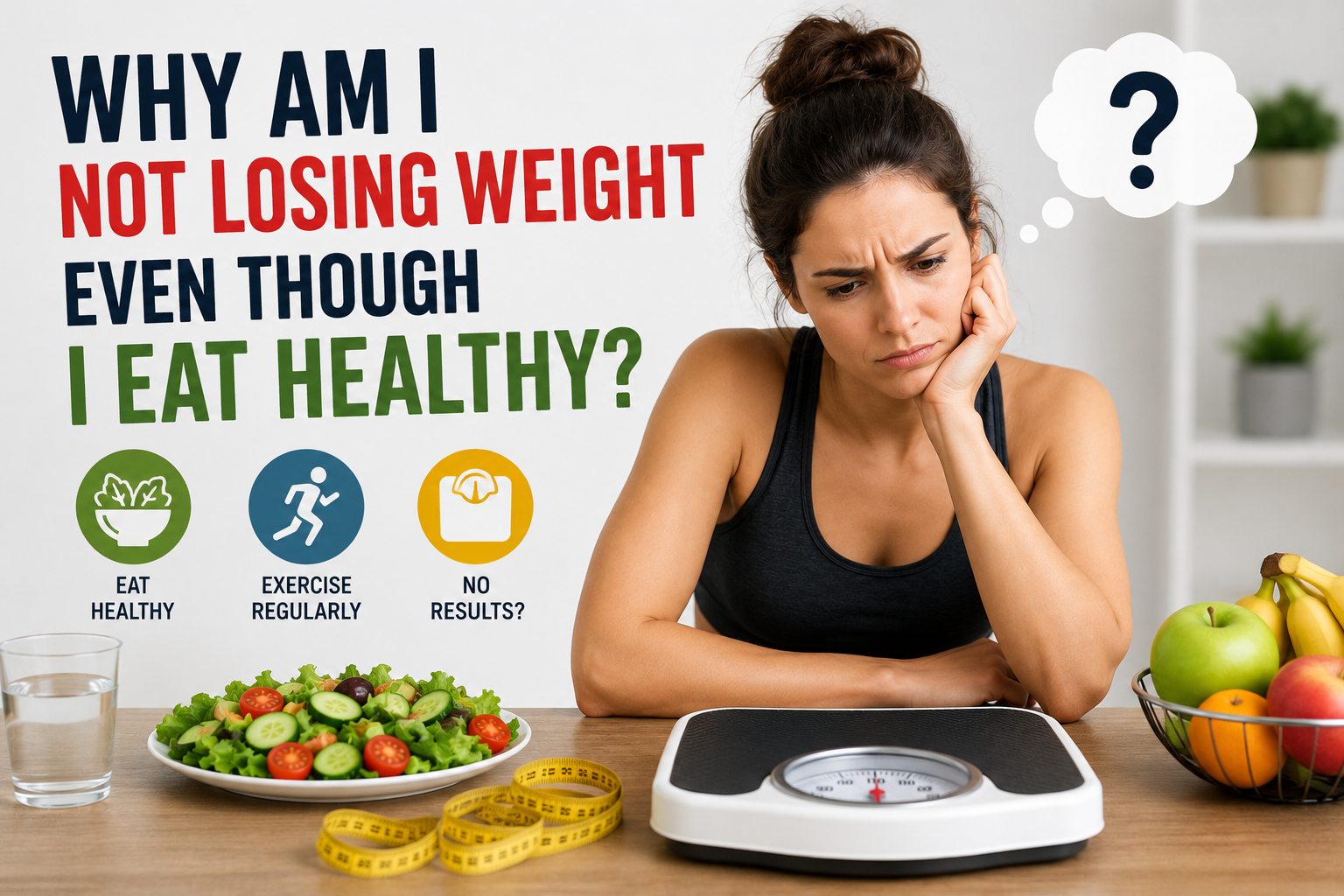 Woman sitting at a table with a scale, salad, and fruit, pondering why she's not losing weight despite eating healthy.